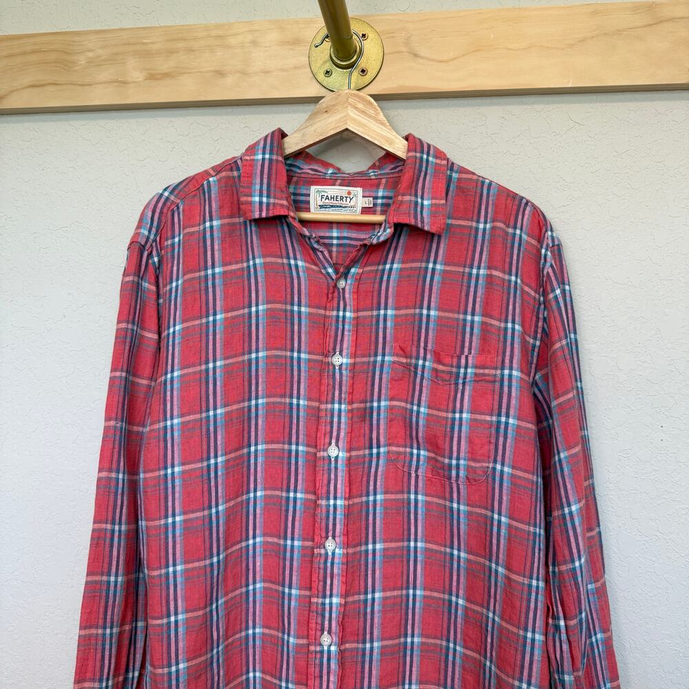Men's Faherty Red Plaid Linen Long Sleeve Summer Button Down Size L - Picture 3 of 8